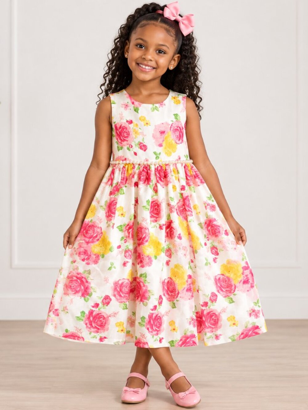 American Princess Girls Floral Dress Size 6 Pink Yellow Roses Pearl Waist Sleeve